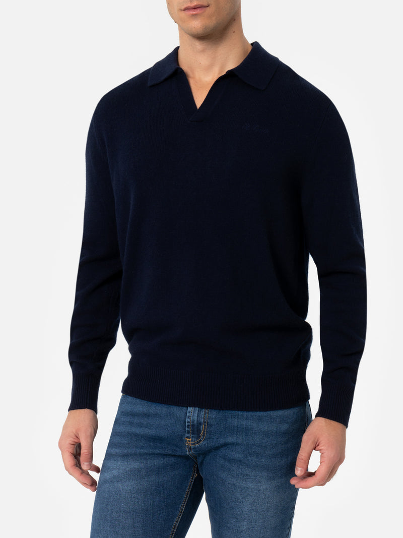 Maglione da uomo blu navy in misto cashmere con collo a polo Covent