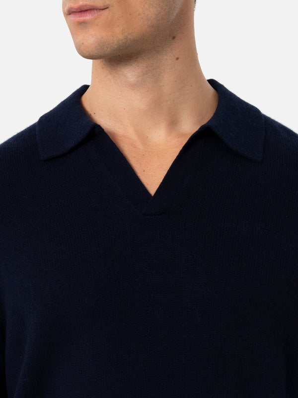 Man navy blue cashmere blend polo collar sweater Covent