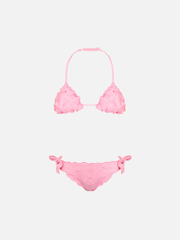Bikini classico a triangolo rosa Cris da bambina con ricamo Sangallo