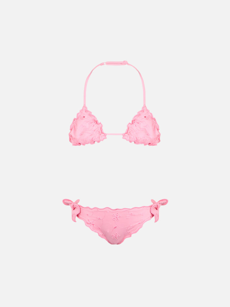 Girl pink classic triangle bikini Cris with Sangallo embroidery