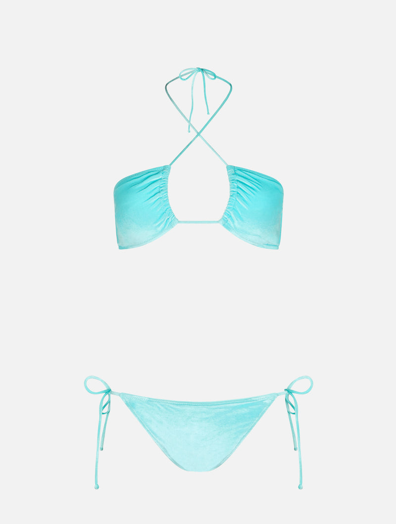 Bikini da donna a fascia in ciniglia verde acqua