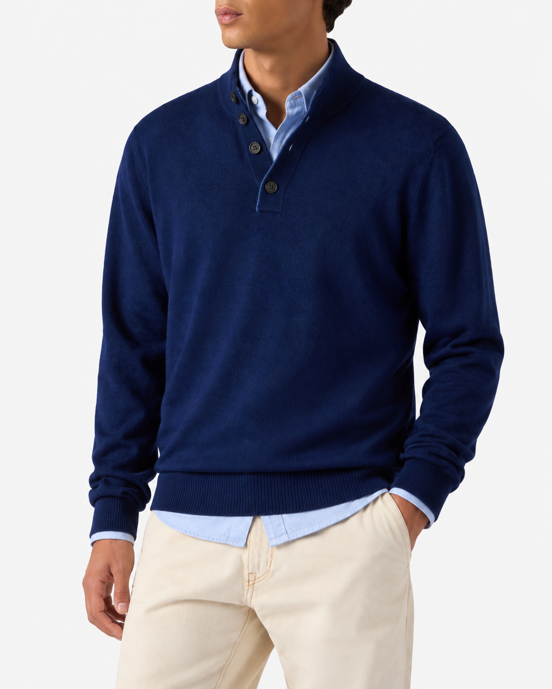 Jersey con media cremallera en lana merino y cashmere azul marino 