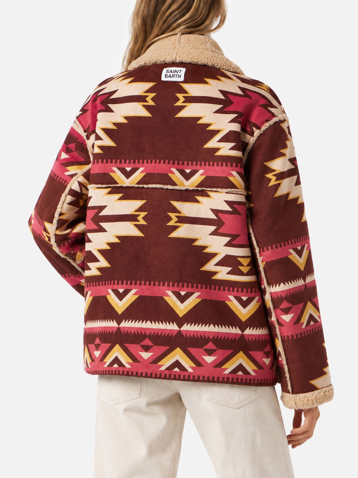 Beiger wendbarer Dorys-Mantel aus Shearling mit Ethno-Muster 