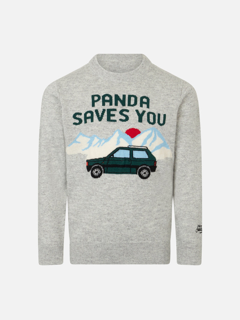 Rundhalspullover für Jungen mit „Panda saves you“-Jacquard-Aufdruck