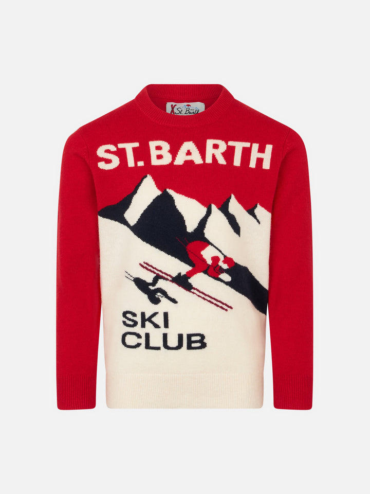 Boy crewneck sweater with St. Barth Ski Club postacard jacquard