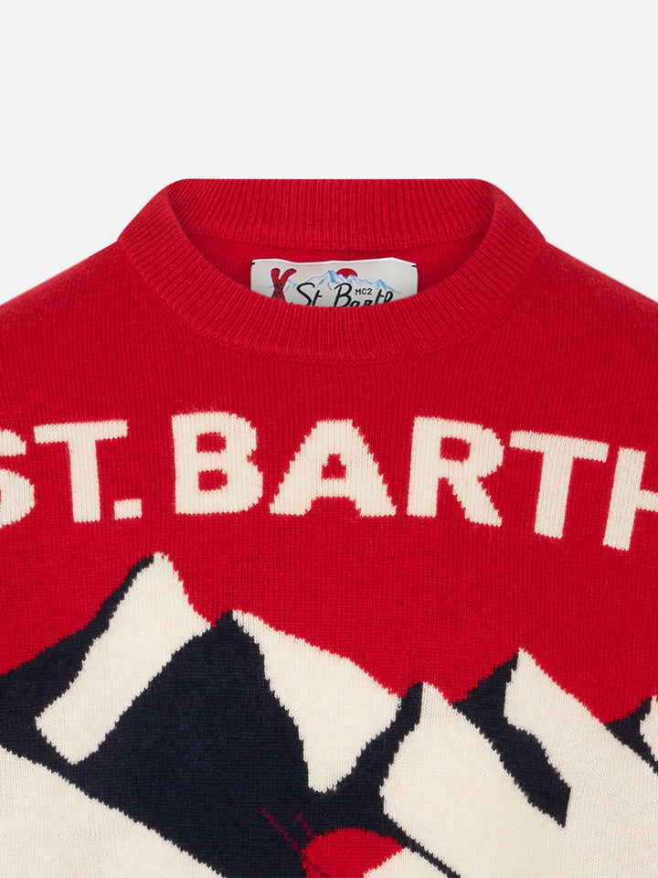 Boy crewneck sweater with St. Barth Ski Club postacard jacquard