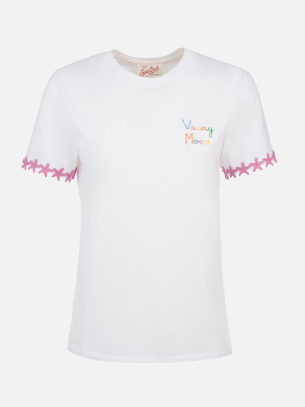 Woman cotton jersey crewneck t-shirt Emilie with Vacay Mood embroidery