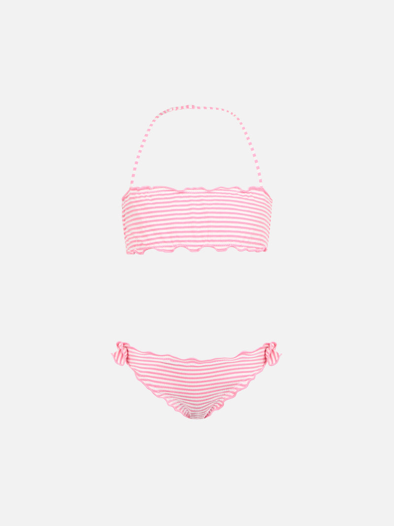 Bikini classico a fascia da bambina Emy in seersucker con stampa a righe