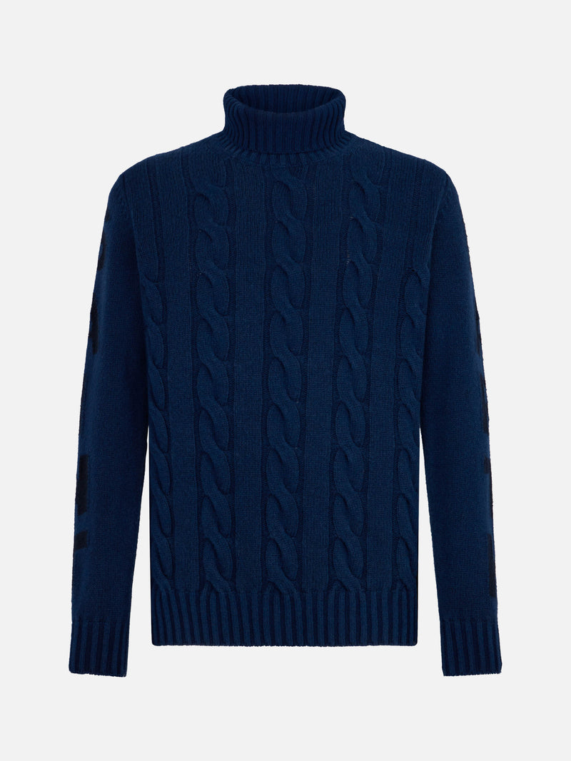 Schwerer, geflochtener, blauer Vintage-Pullover mit Rollkragen für Herren