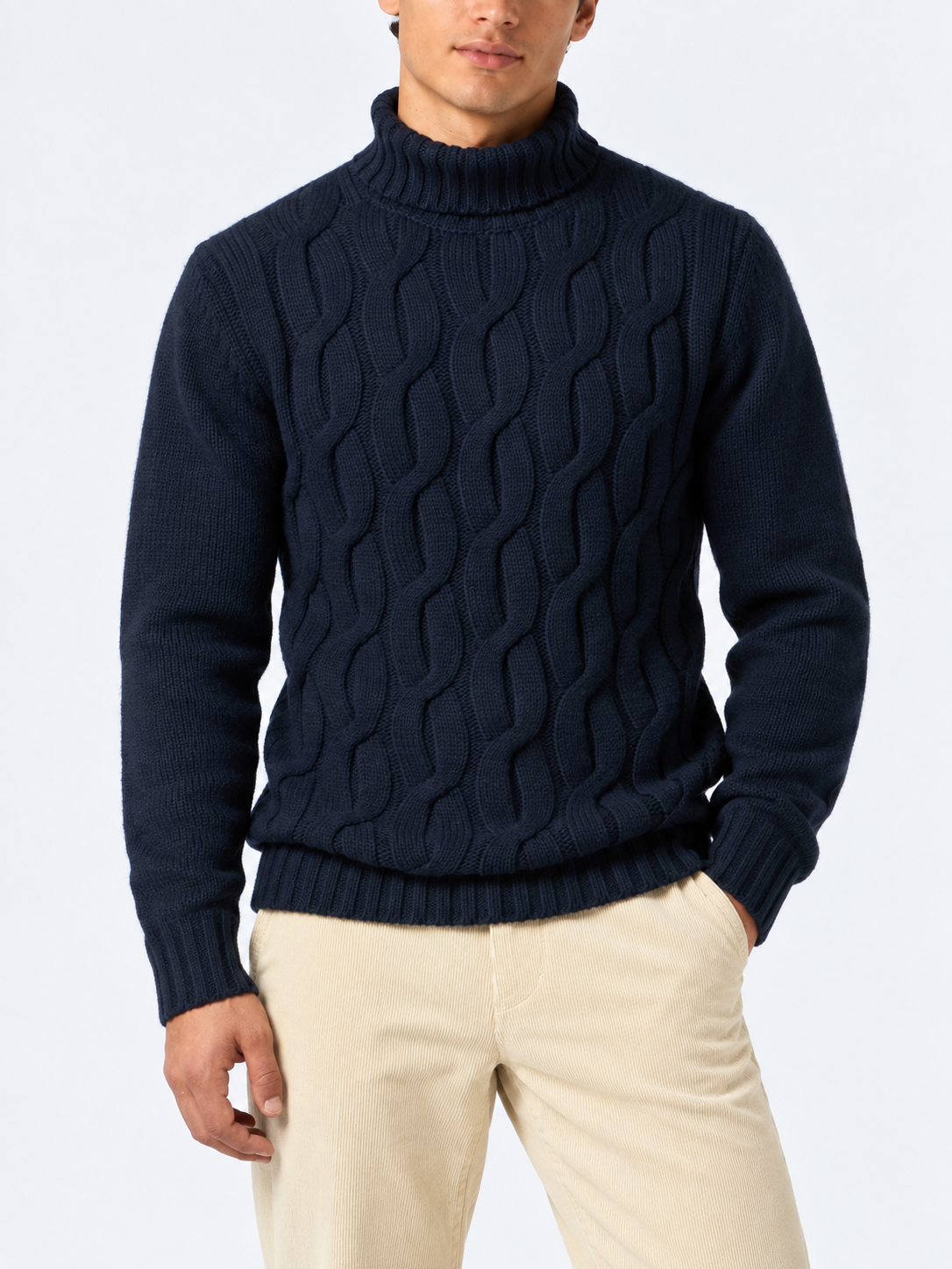 Maglia dolcevita Fisherman blu navy a trecce
