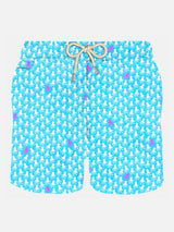 Man light fabric swim shorts with white and fuchsia octopus print