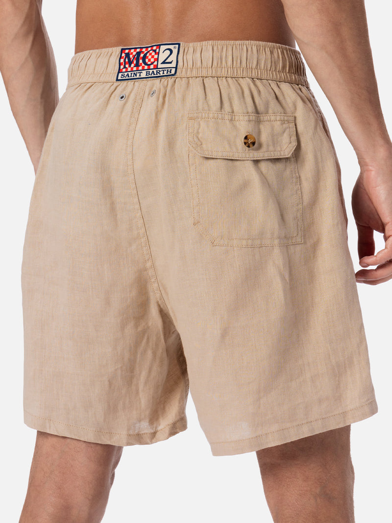 Mittellange Herren-Badeshorts aus beigem Leinen Gustavia