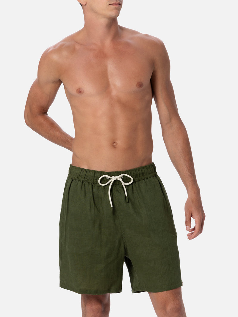 Man mid-length military green linen swim-shorts Gustavia