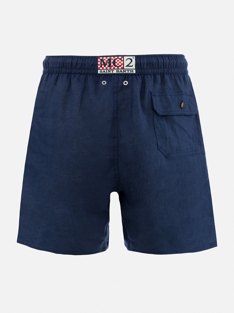 Man mid-length navy blue linen swim-shorts Gustavia