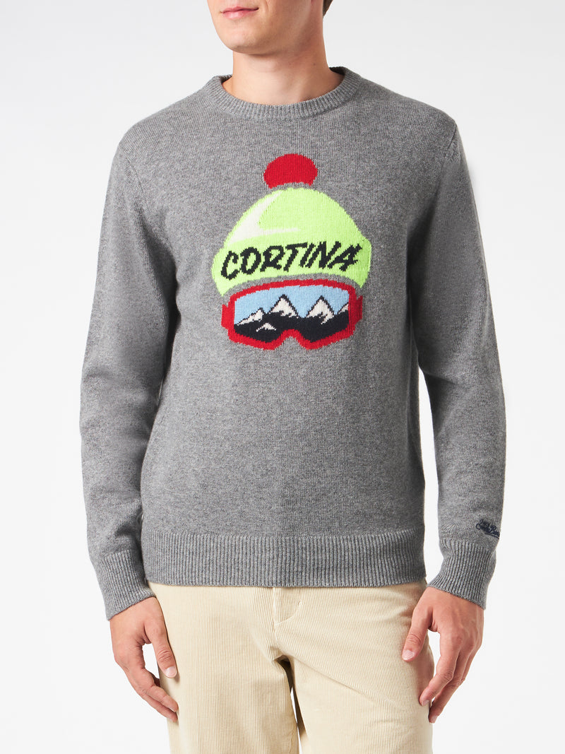 Man crewneck sweater with Cortina hat jacquard print