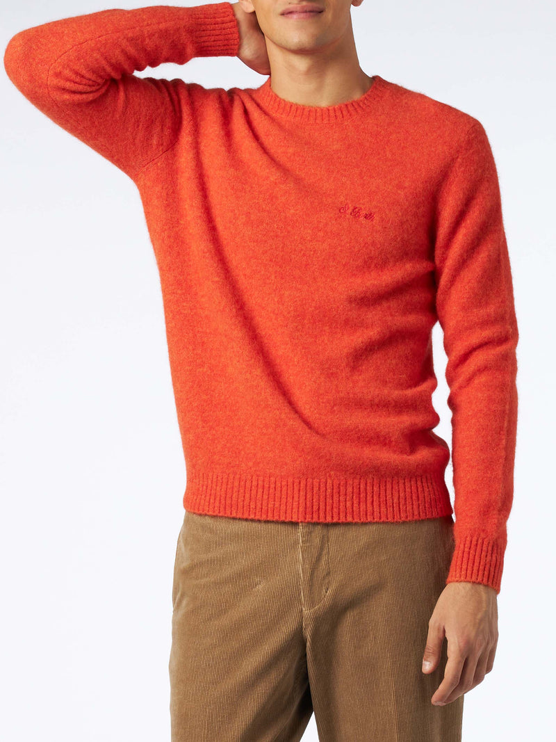 Maglione da uomo in lana stretch arancione con ricamo St. Barth