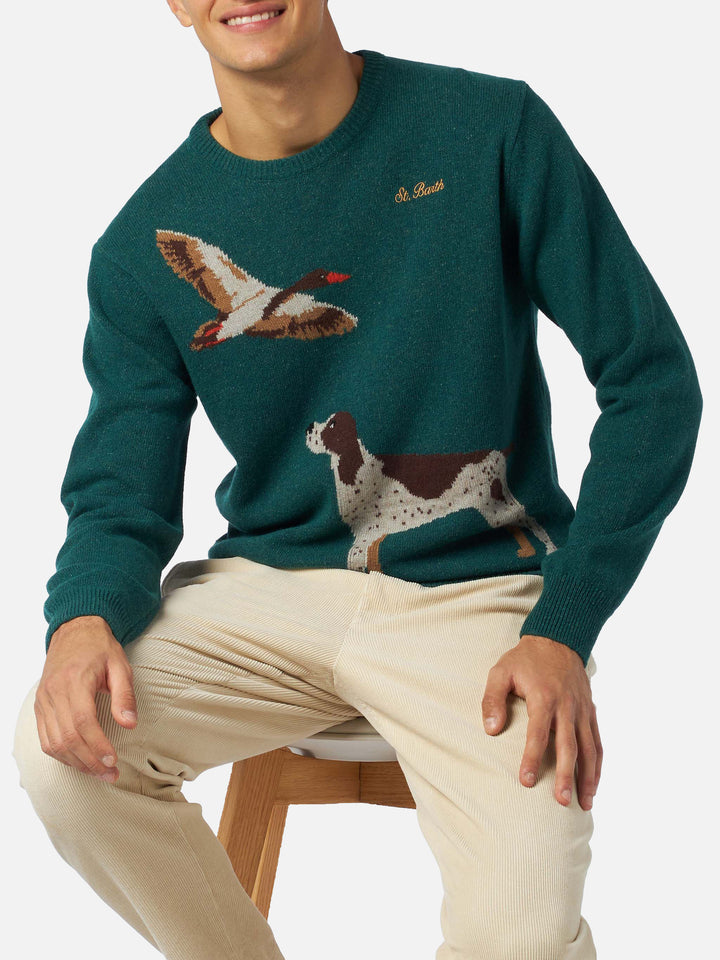 Man crewneck donegal sweater with country dog jacquard