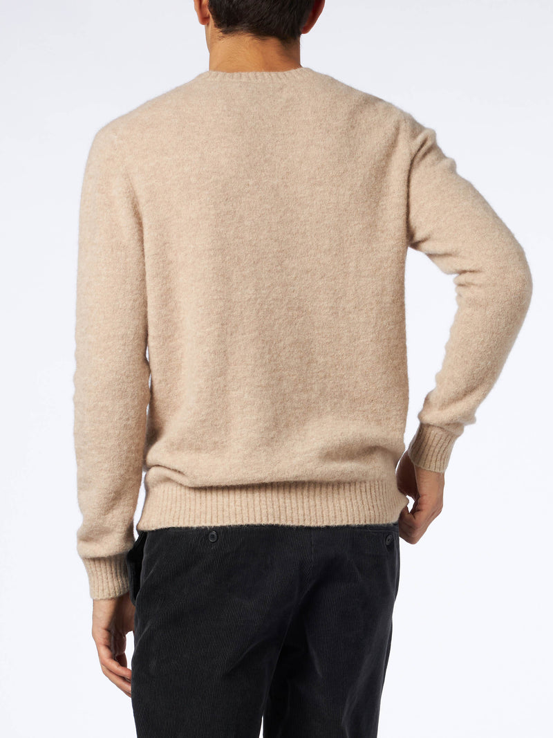 Man beige stretch wool sweater with St. Barth embroidery