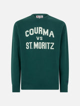 Herrenpullover mit Rundhalsausschnitt und Jacquard-Print „Courma vs. St. Moritz“.