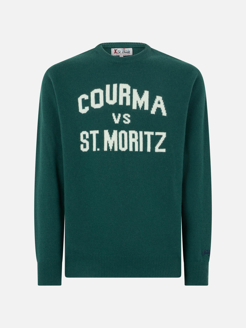 Herrenpullover mit Rundhalsausschnitt und Jacquard-Print „Courma vs. St. Moritz“.