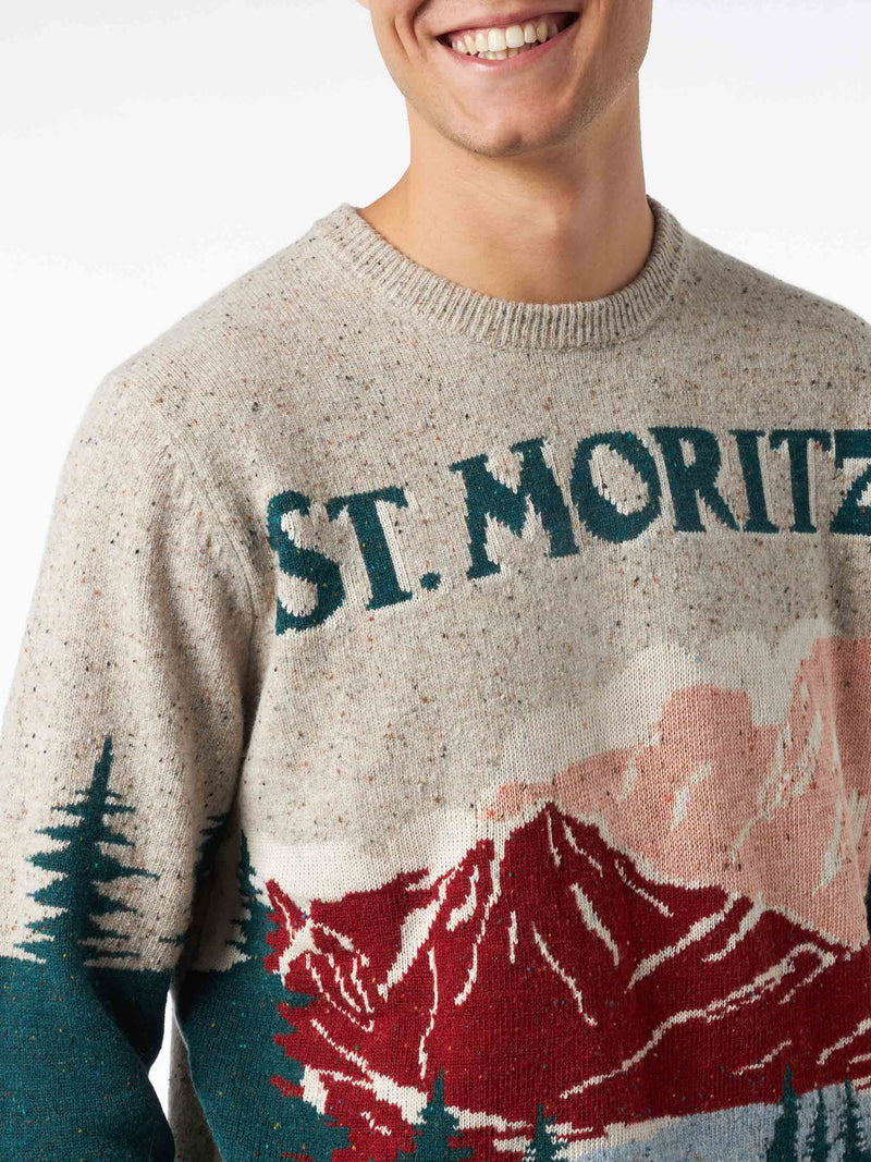 Maglia da uomo girocollo in donegal con stampa jacquard cartolina St. Moritz