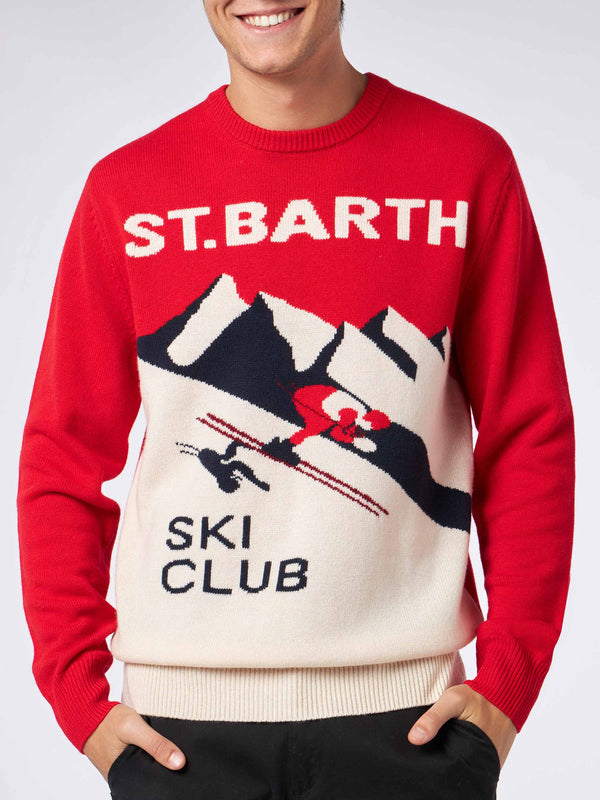 Man crewneck sweater with St. Barth Ski Club postacard jacquard print