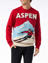 Man crewneck sweater with Aspen postcard jacquard print