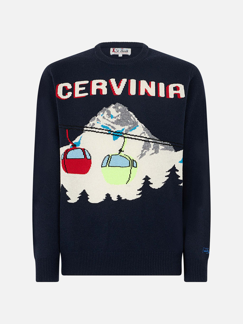 Man crewneck sweater with Cervinia postcard jacquard print