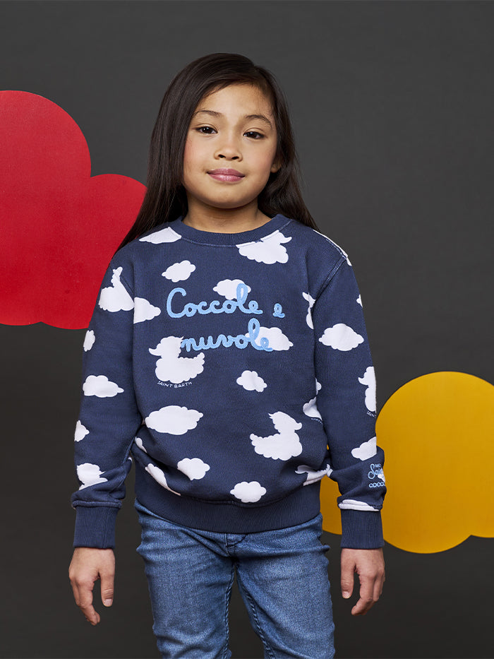 Blaues Kinder-Sweatshirt mit Rundhalsausschnitt und Coccole e Nuvole-Stickerei | COCCOLEBIMBI SONDERAUSGABE