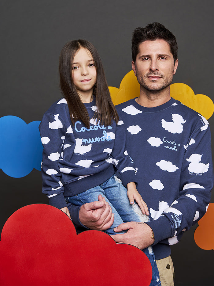 Crewneck blue sweatshirt with Coccole e nuvole embroidery | COCCOLEBIMBI SPECIAL EDITION