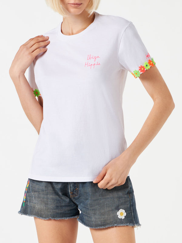 Damen-T-Shirt aus Baumwolle mit aufgesticktem „Ibiza Hippie“.