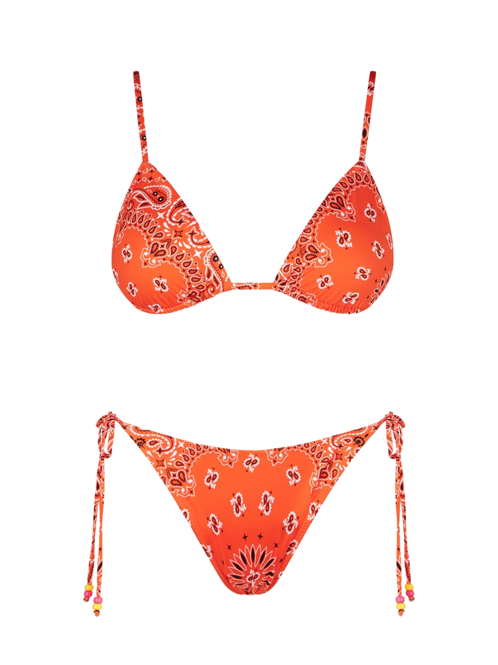 Orangefarbener Damen-Triangel-Bikini mit Bandana-Print