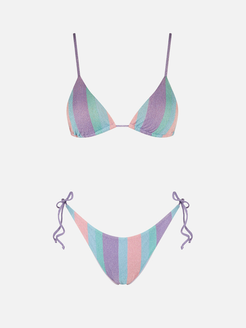 Bikini a righe in lurex dai colori pastello