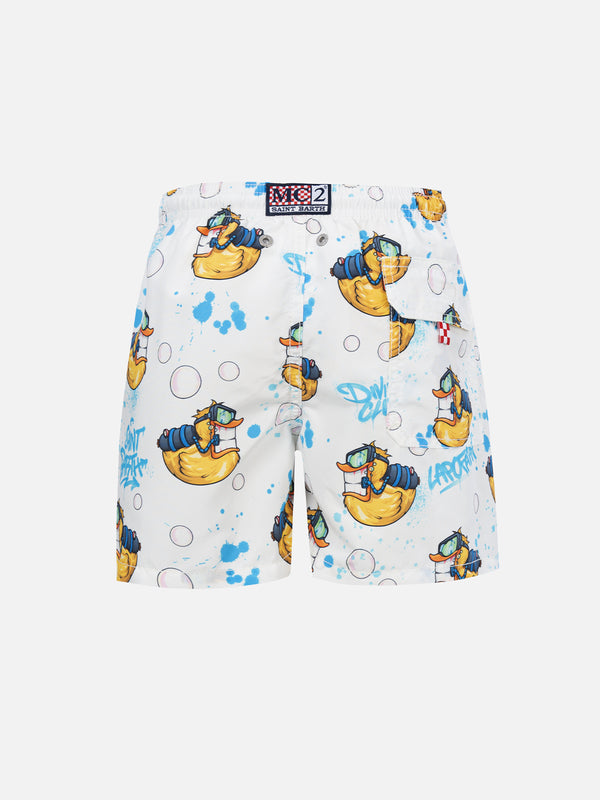 Boy mid-length Jean swim-shorts with Crypto Ducky print | CRYPTOPUPPETS SPECIAL EDITION