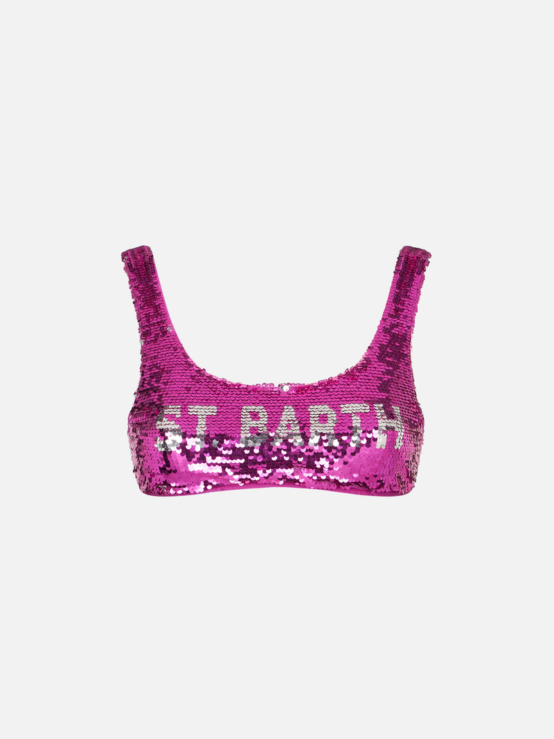 Bralette fucsia in paillettes con logo argento