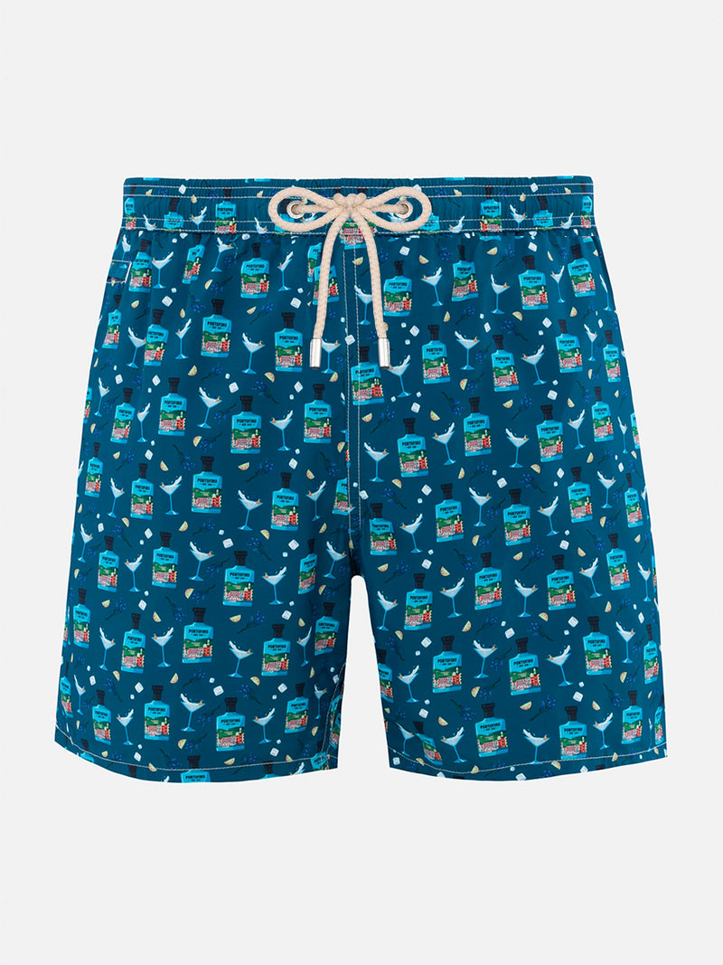 Man lightweight fabric swim-shorts Lighting Micro Fantasy with Gin Tonic Portofino Gin print | PORTOFINO DRY GIN SPECIAL EDITION