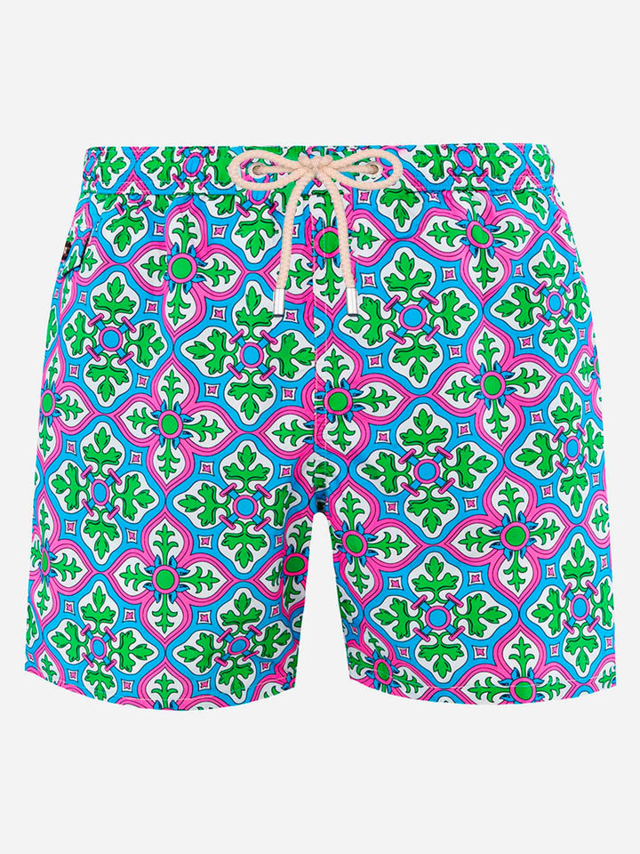 Herren-Badeshorts Lighting 70 aus leichtem Stoff mit Majolika-Print