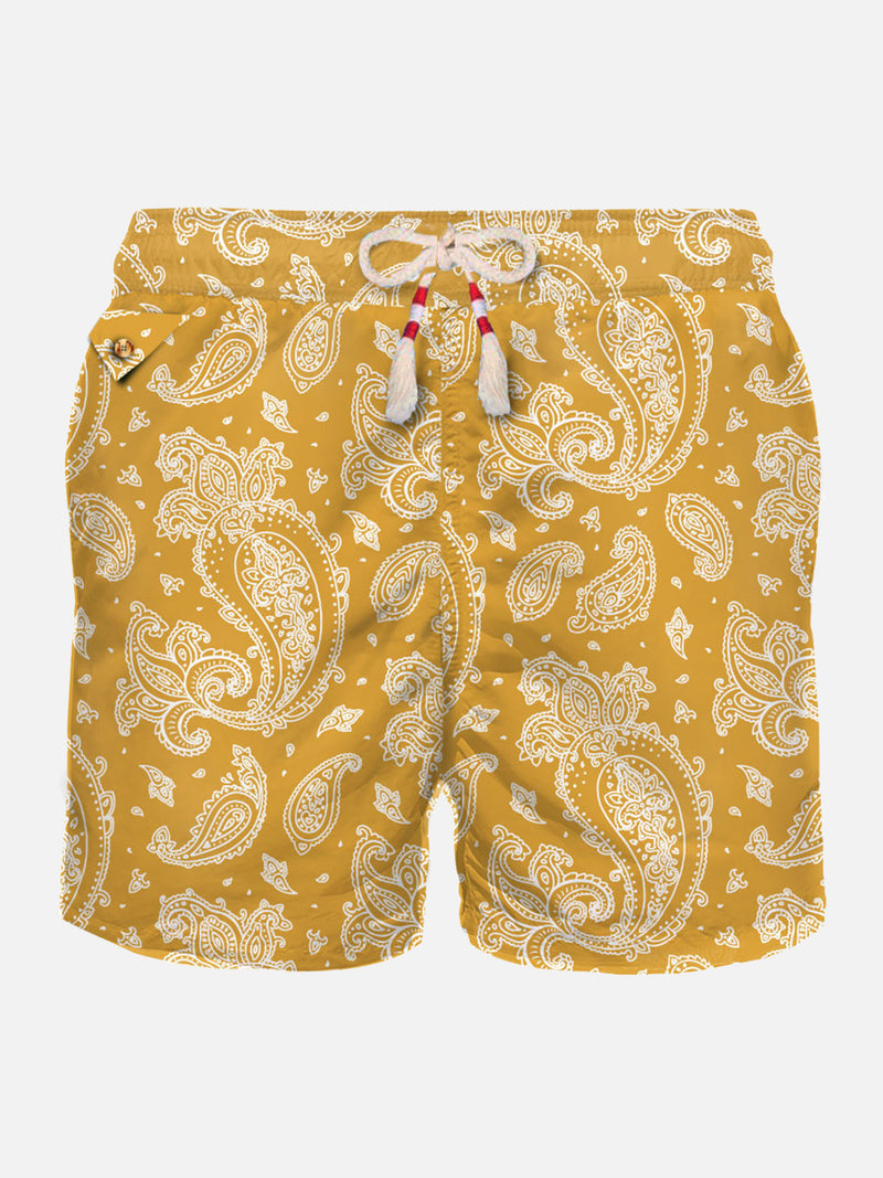 Herren-Badeshorts aus leichtem Stoff mit ockerfarbenem Paisley-Print