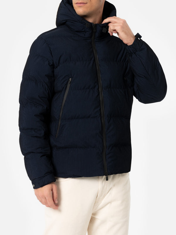 Man navy blue corduroy-like hooded puffer jacket Maier