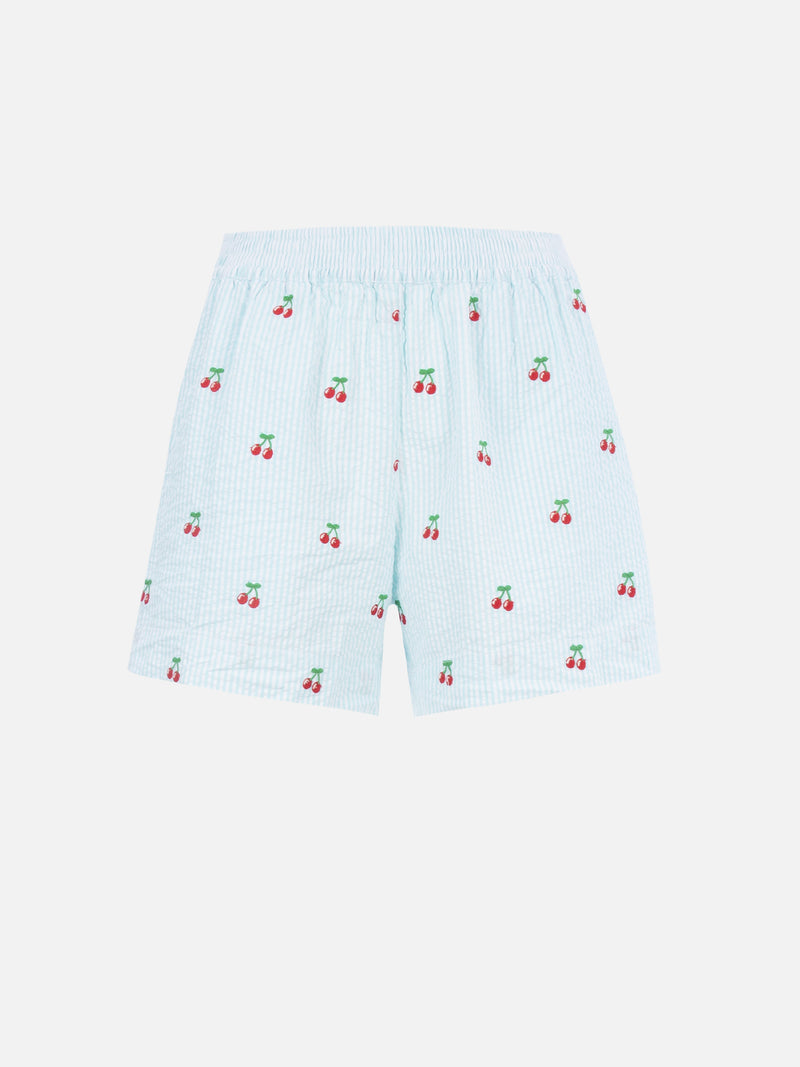 Woman seersucker striped pull up shorts Meave with cherry patches