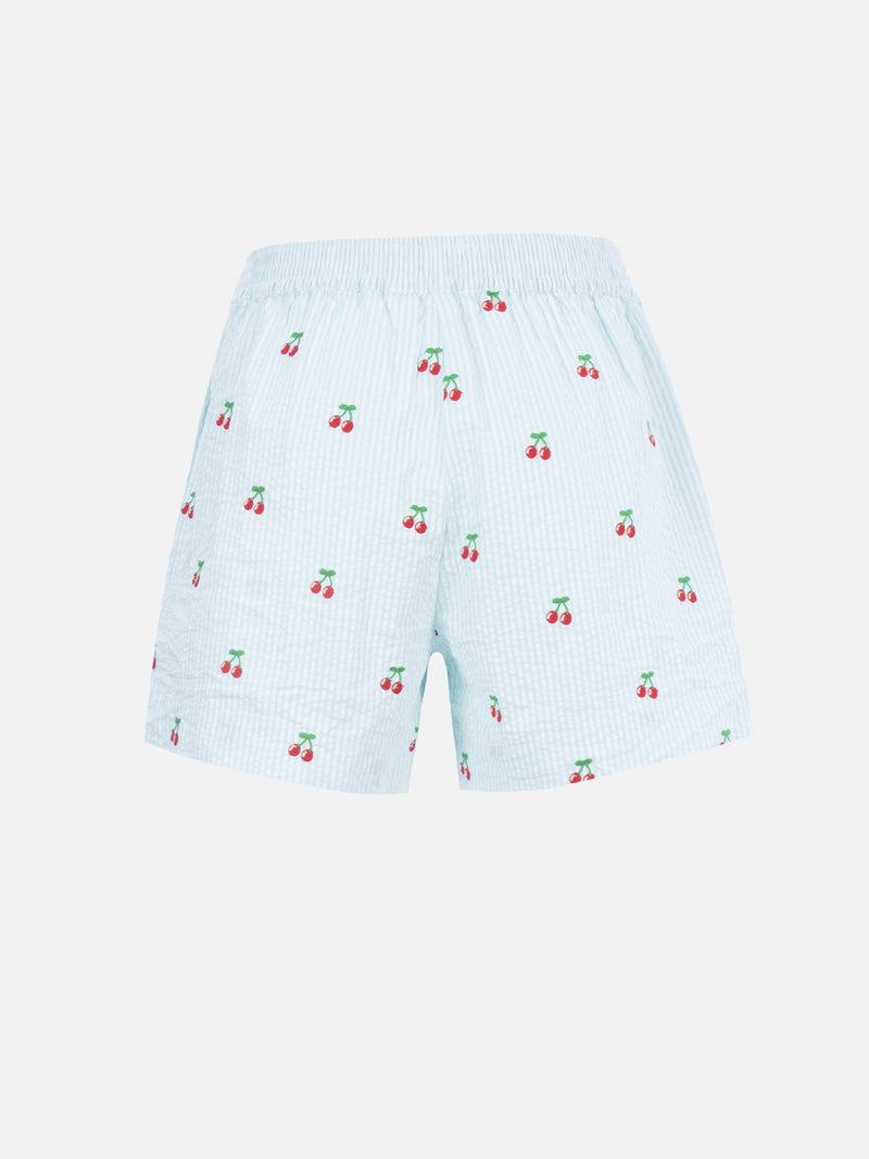 Woman seersucker striped pull up shorts Meave with cherry patches