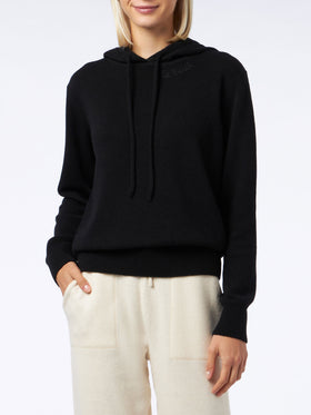 Schwarzer gestrickter Damen-Kapuzenpullover mit St. Barth-Stickerei