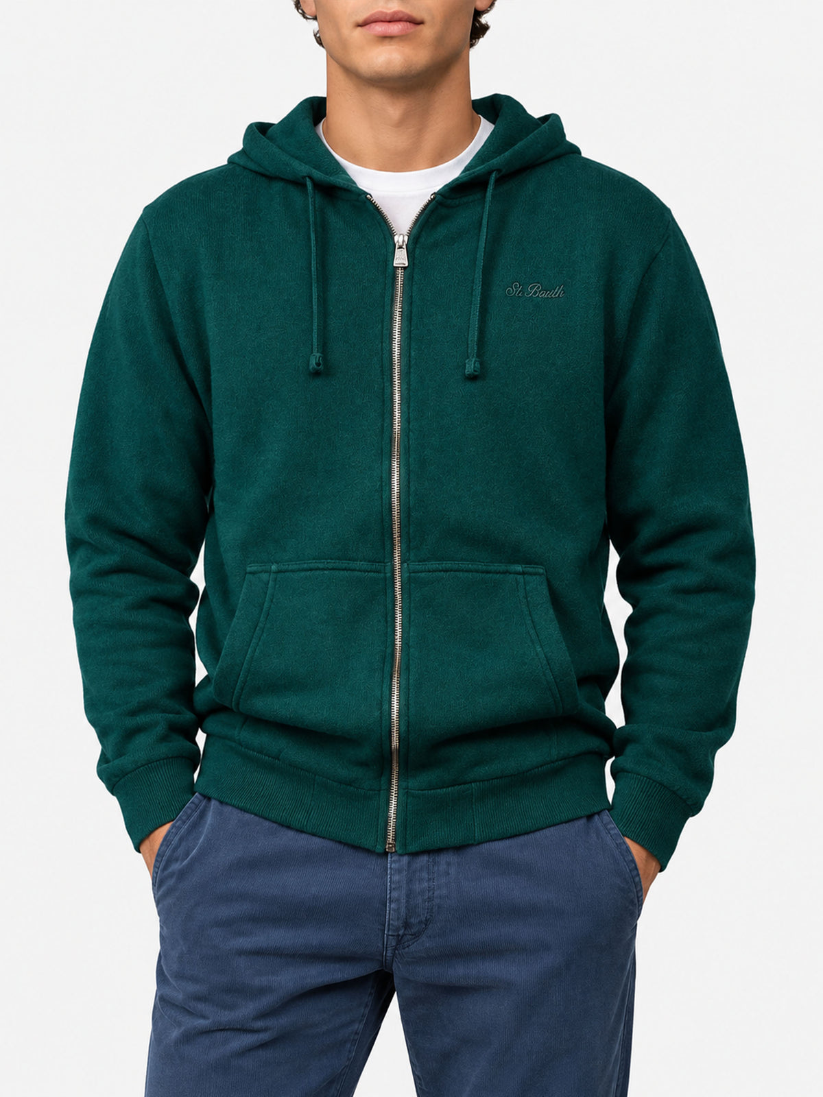 Pull à capuche Mahony en laine de couleur unie verte 