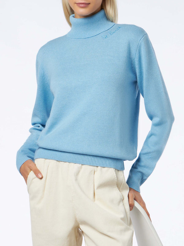 Woman light blue cashmere blend turtleneck sweater Moody