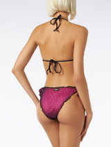 Shiny fucsia bikini with black polka dot tulle