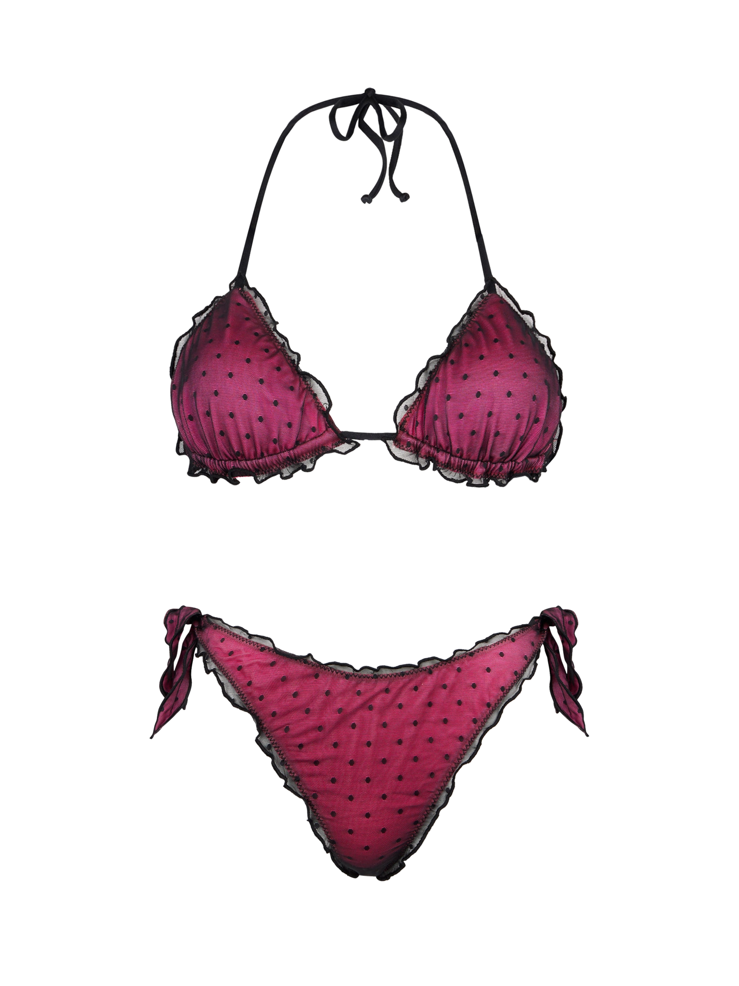 Shiny fucsia bikini with black polka dot tulle