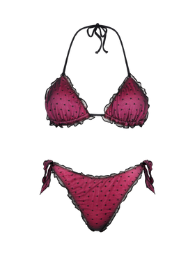 Shiny fucsia bikini with black polka dot tulle