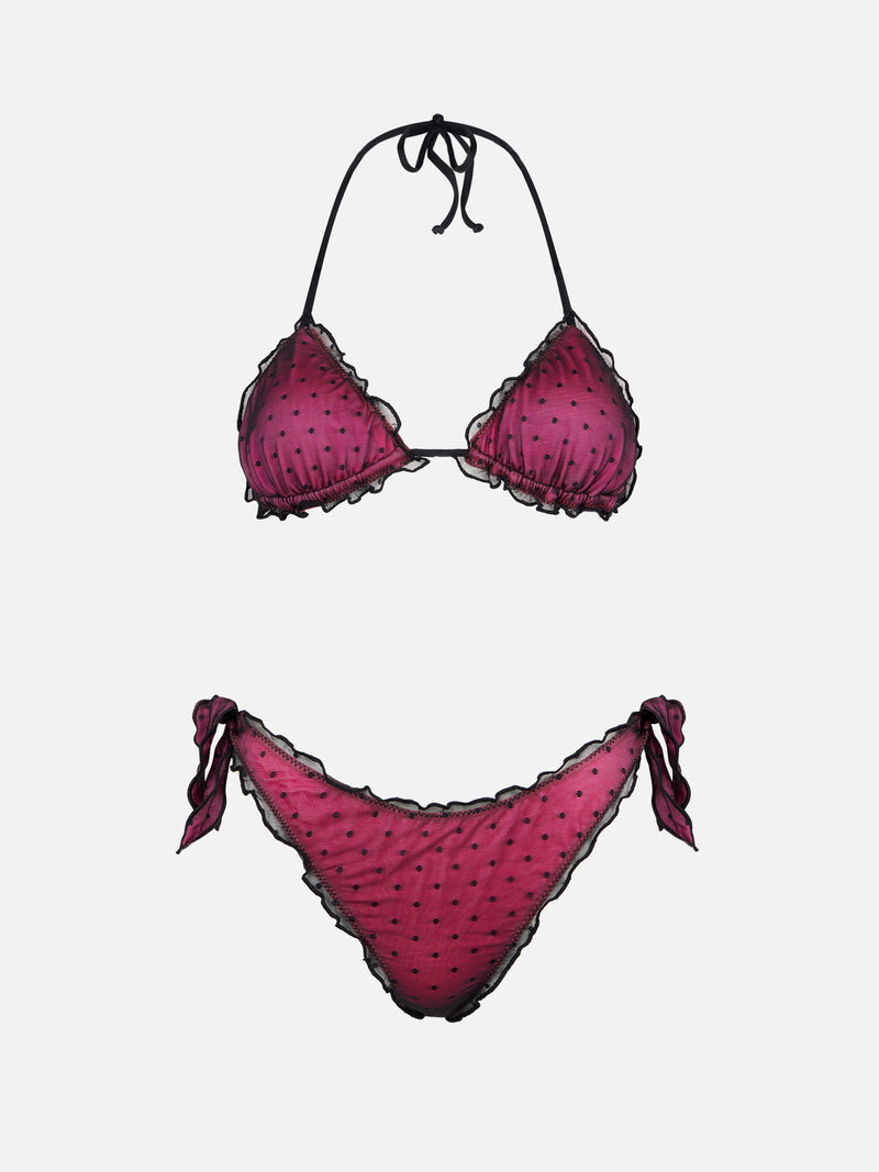 Shiny fucsia bikini with black polka dot tulle