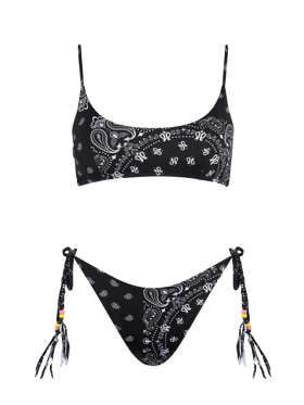 Damen-Bralette-Bikini mit schwarzem Bandana-Print