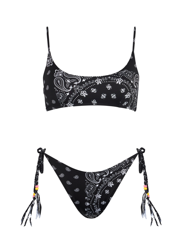 Damen-Bralette-Bikini mit schwarzem Bandana-Print